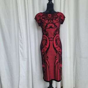 Worthington Womens Midi Dress Red/ Black Velvet Lace Print Cap Sleeve Size 4